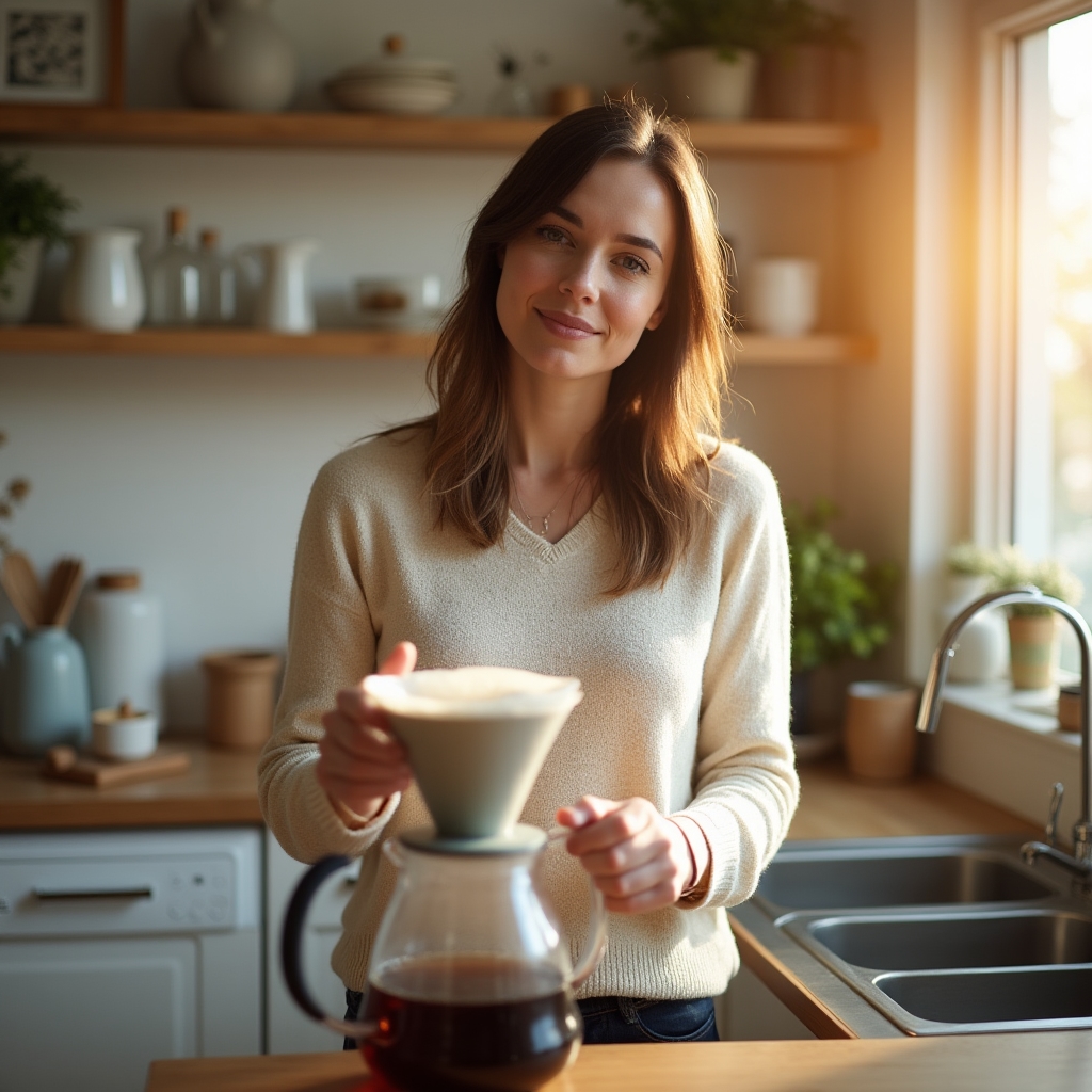 Femeie pregătindu-și cafeaua acasă dimineața, ca alternativă la cafeaua de la birou