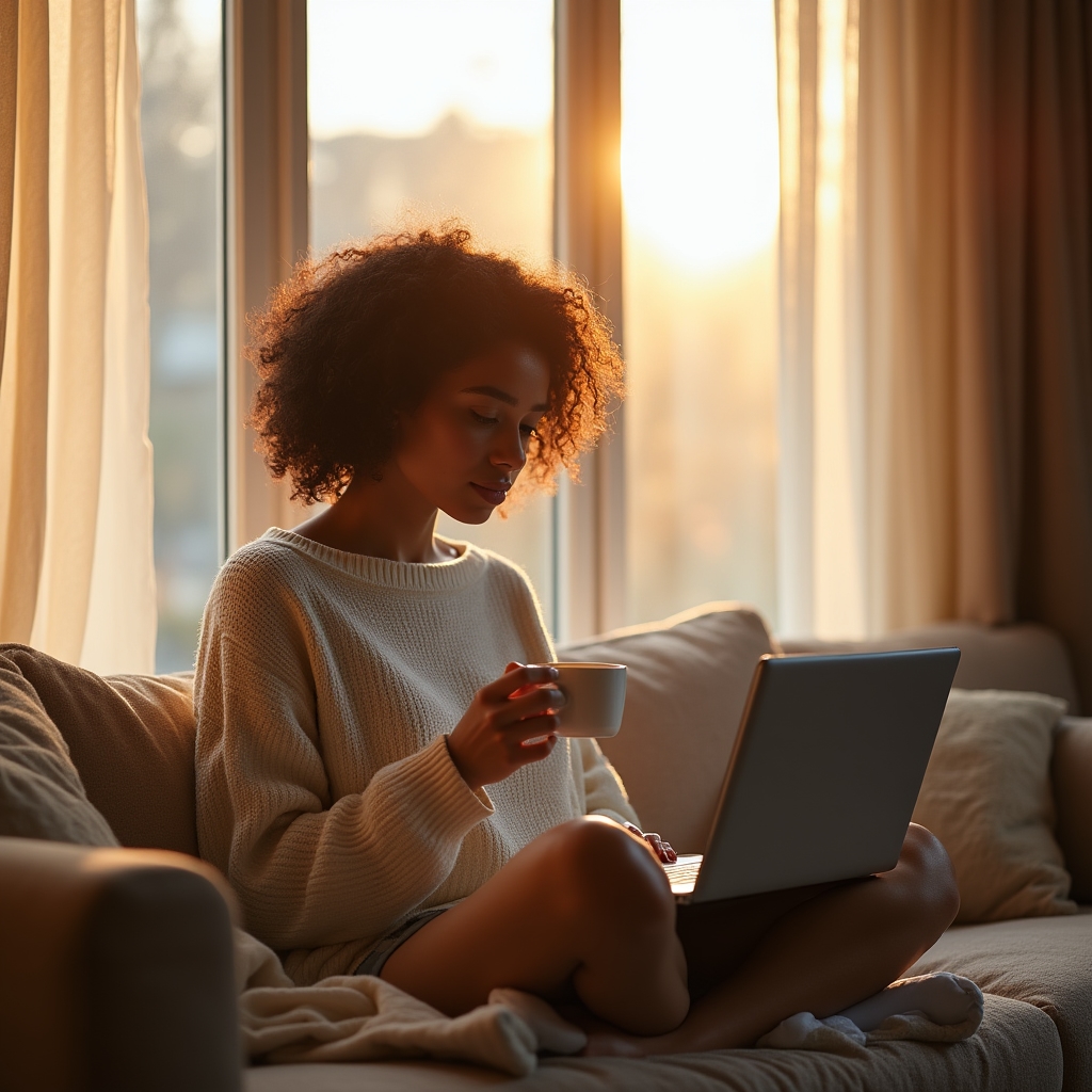 Femeie citind newsletterul Nupoxa pe laptop, dimineața, alături de o ceașcă de ceai